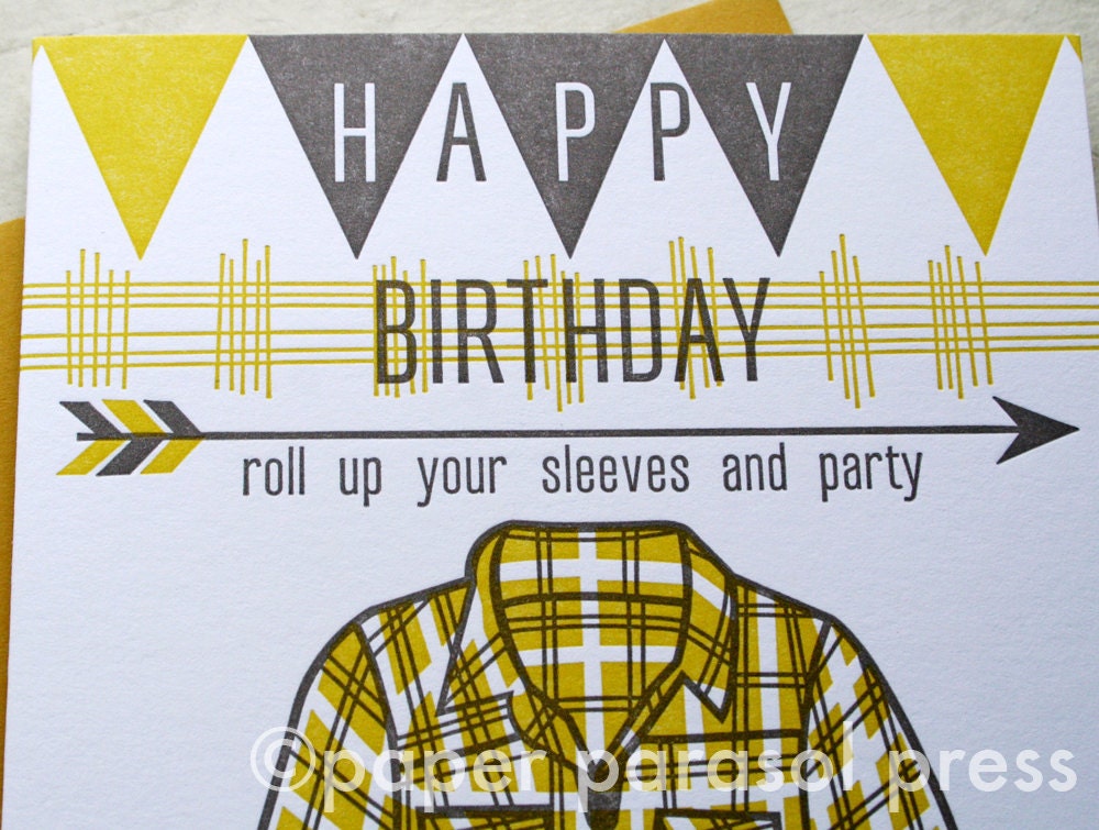 Happy Birthday Banner Plaid Shirt Arrow Letterpress Card