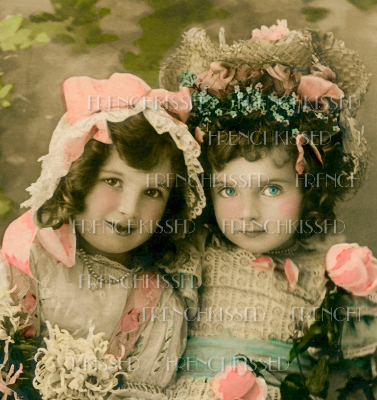 DIGITAL Scan VICTORIAN Friends Two Girls in Bonnets SPRING Antique French Postcard Photo Download