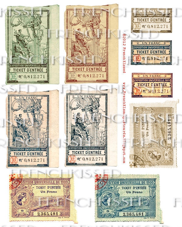 Digi Sheet 8x10 inches  FRENCH Ephemera Paris Expo Tickets 1889 1900 photo download