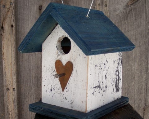 White and Blue Birdhouse Wren Chickadee Small Songbirds Metal Heart