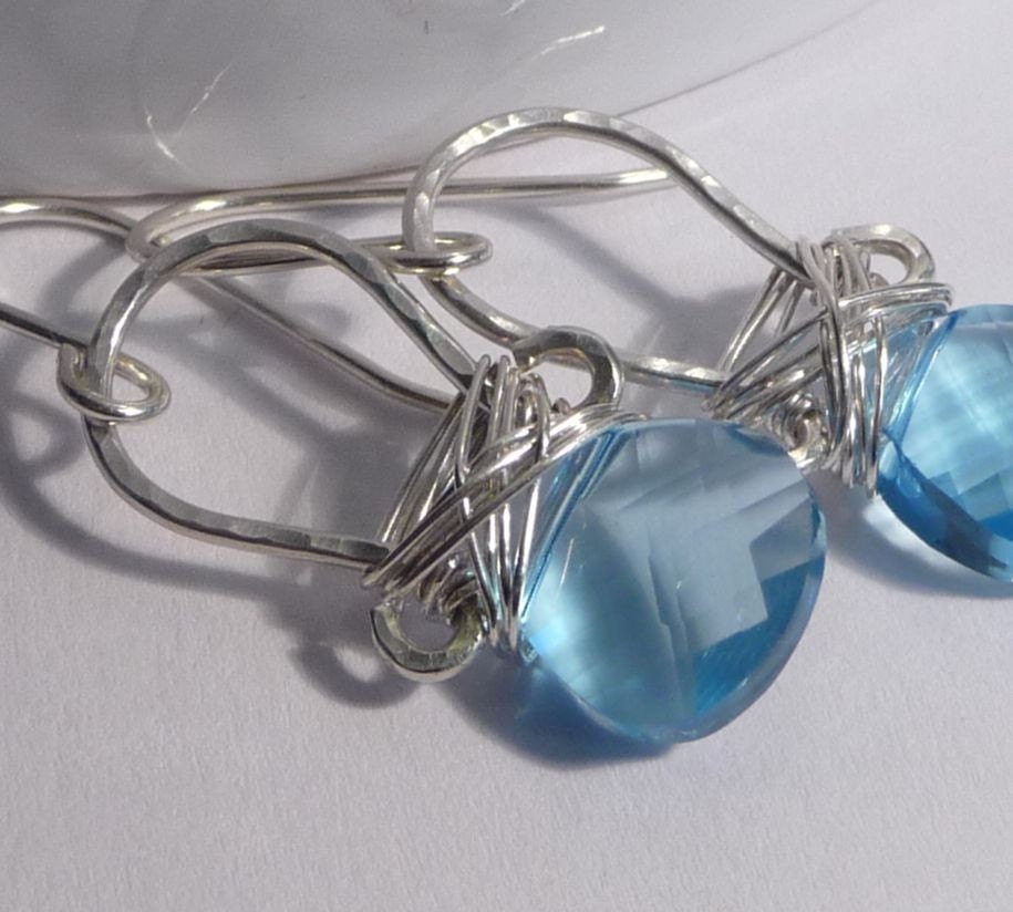Aqua Blue Crystal Earrings, Sterling Silver Wire Wrapped, Hand Forged, Bohemian, Funky