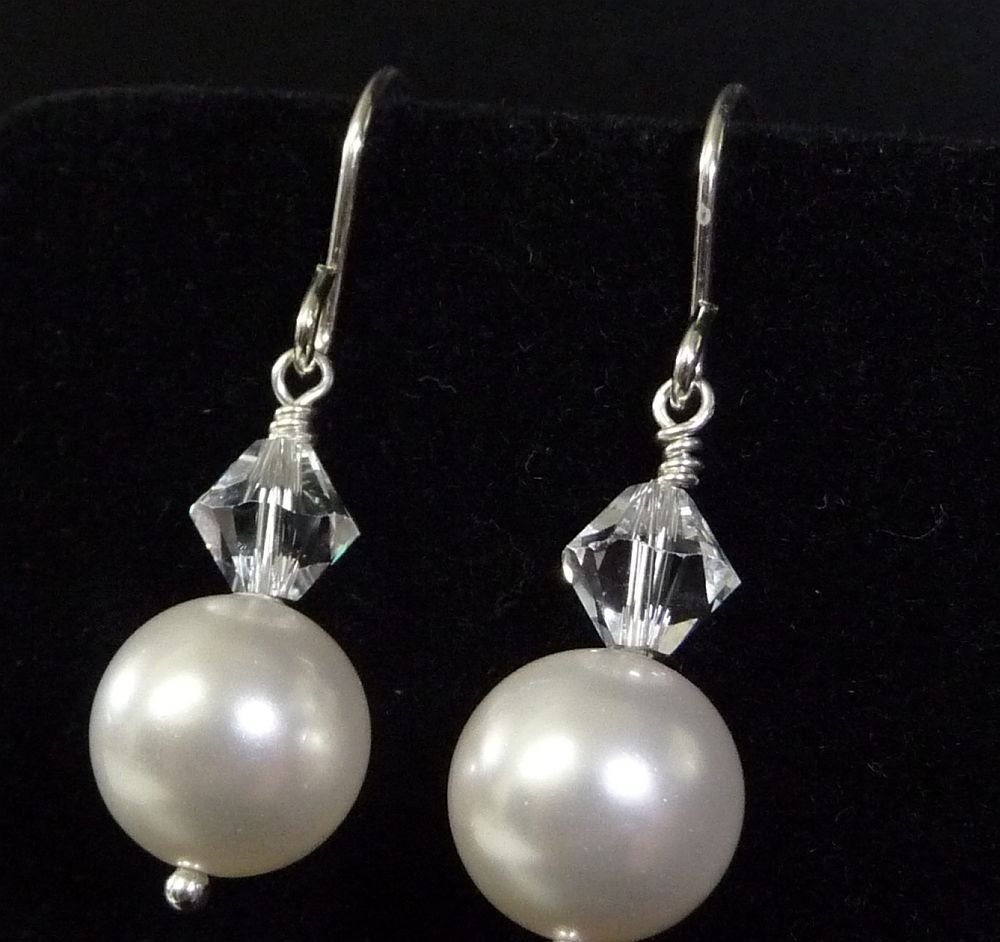 White Pearl Wedding Earrings Swarovski Crystals. Large Bold Simple Earrings.