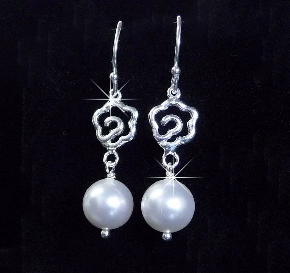 RoseBud Pearl Earrings, Sterling Silver Jewelry for the Bridal Party