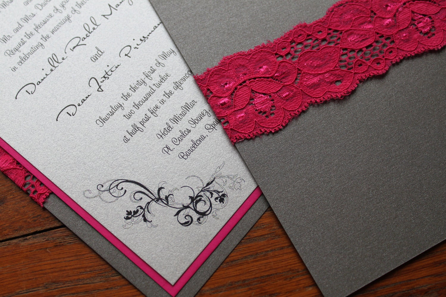 Charcoal and Fuschia Lace Wedding Invitation - Vintage, Modern, Flourish