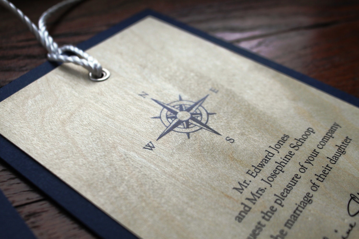 Nautical Wedding Invitation, Yacht Club, Seaside, Beach Wedding, Maple Wood Grain - Nautical Compass