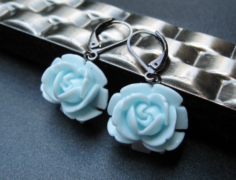 Baby Blue Rosebud Earrings With Gun metal Leverbacks
