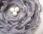 Gray Fabric Flower, Platinum Silver Chiffon Fabric, Freshwater Pearls, Bridesmaid, Bridal Accessory - You Pick Brooch or Hair
