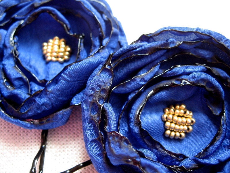 Cobalt Blue Flower Hair Pins, Blue Fabric Flowers, Satin Fabric, Gold Beads, Flower Bobby Pins
