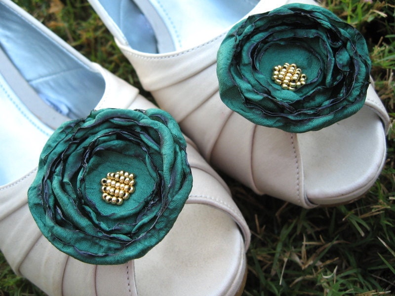 Teal Fabric Flower Shoe Clips, Teal Green Satin Fabric, Gold Beads, Bridal Accessories