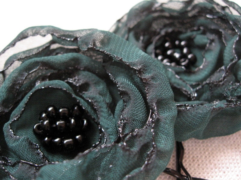 Hunter Green Fabric Flowers, Green Flower Hair Clips, Chiffon Fabric Flower Hair Pins, Bobby Pins, Black Beads