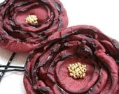 Burgundy Flower Hair Pins, Ruby Red Flowers, Maroon, Cranberry, Gold Beads, Fabric Flower Bobby Pins - As Seen In Anthropologie Stores