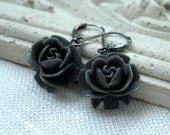 Gray Rosebud Earrings, Grey Flower Earrings, Gunmetal Leverbacks