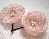Champagne Flower Hair Pins, Beige Organza, Taupe, Freshwater Pearls, Fabric Flower Bobby Pins