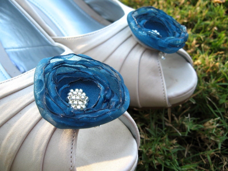 Teal Fabric Flower Shoe Clips, Peacock Teal Organza Fabric, Silver Beads, Bridal Accessories