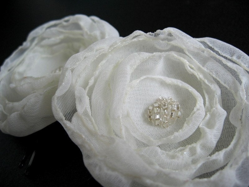 Cream Flower Hair Pins, Ivory Chiffon, Clear Beads