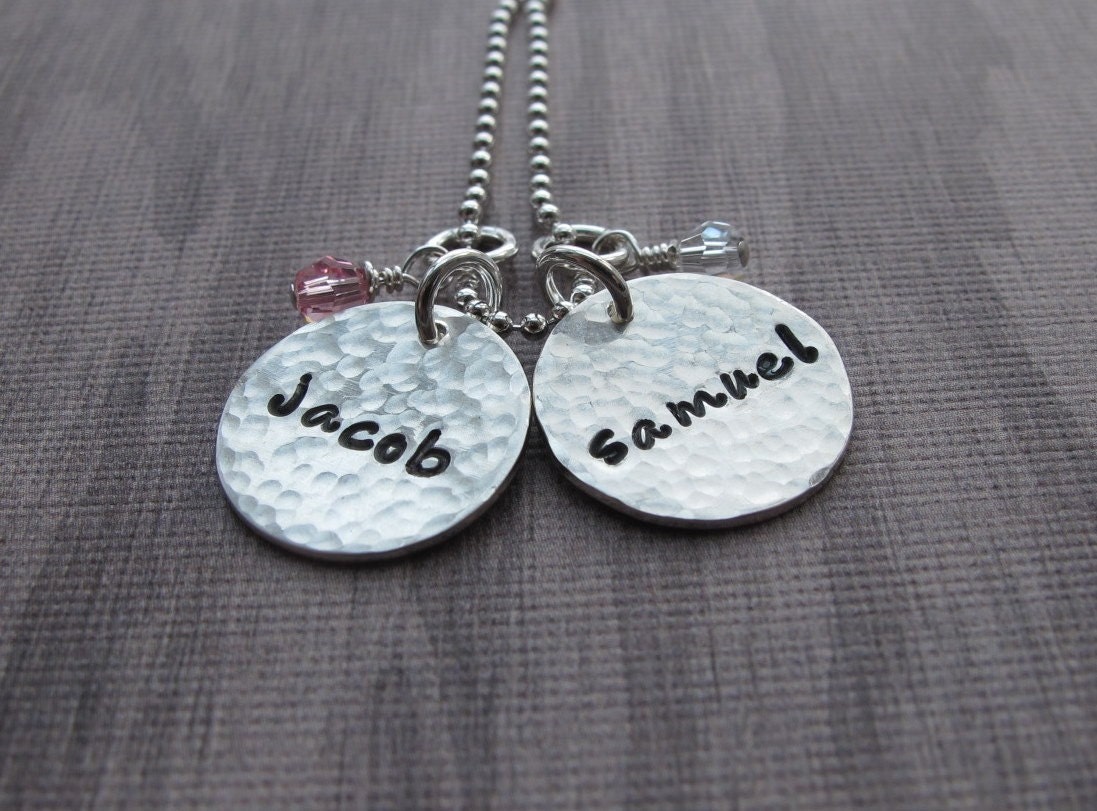 Hand Stamped Jewelry Custom Personalized Hammered Two Disc Names In The Round With Birthstones
