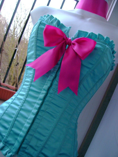 CINDERELLA corset costume HALLOWEEN pin up blue n hot pink boned basque 32 - 36 inch bust