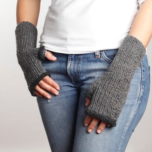 Gray - Dark Gray Knitting Fingerless Gloves