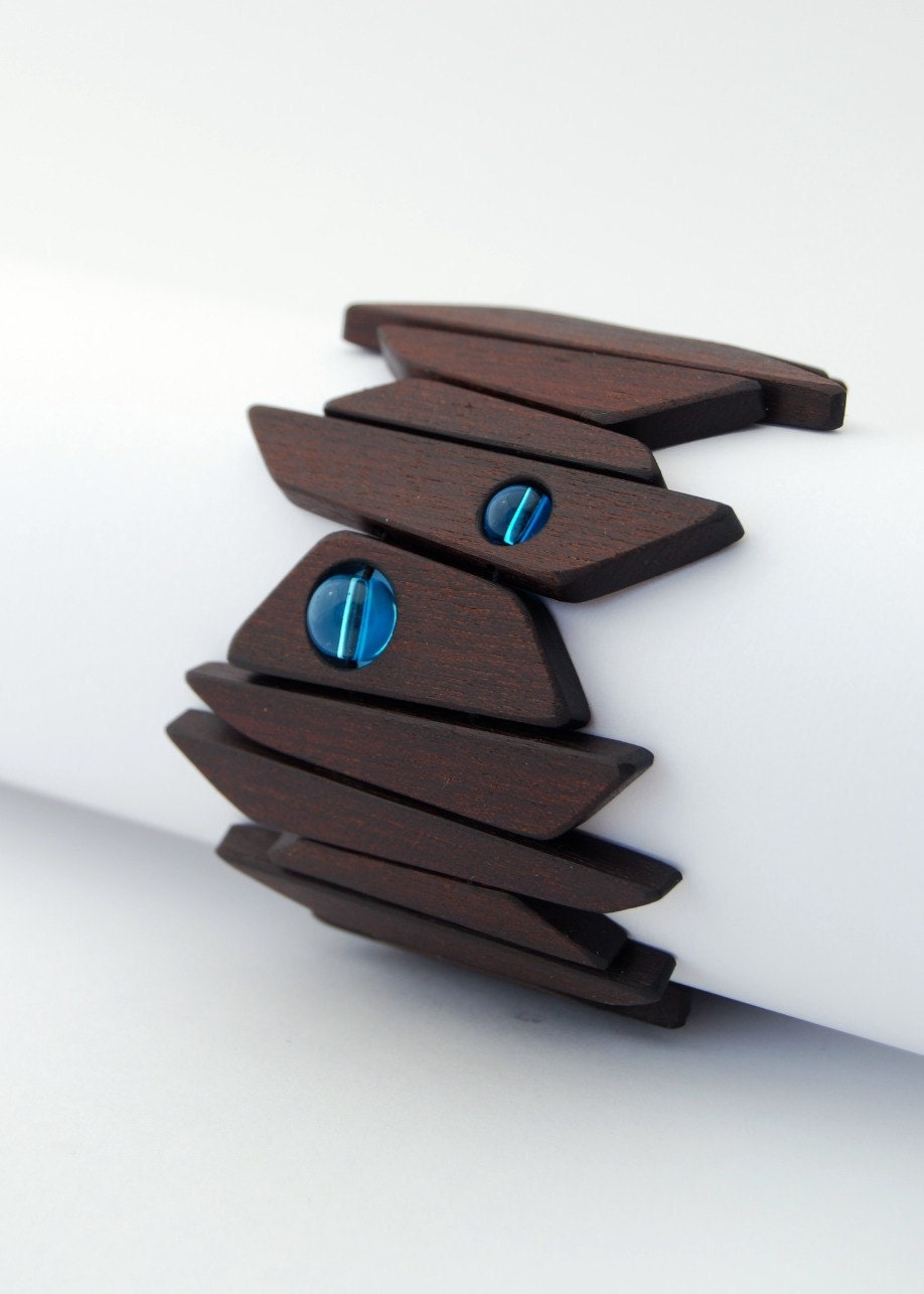 Controlled Chaos Bracelet - wood and blue glass beads - Ready to ship