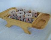 1950s Drinking Glasses Pink and Black Atomic Era Glasses with Wooden Tray