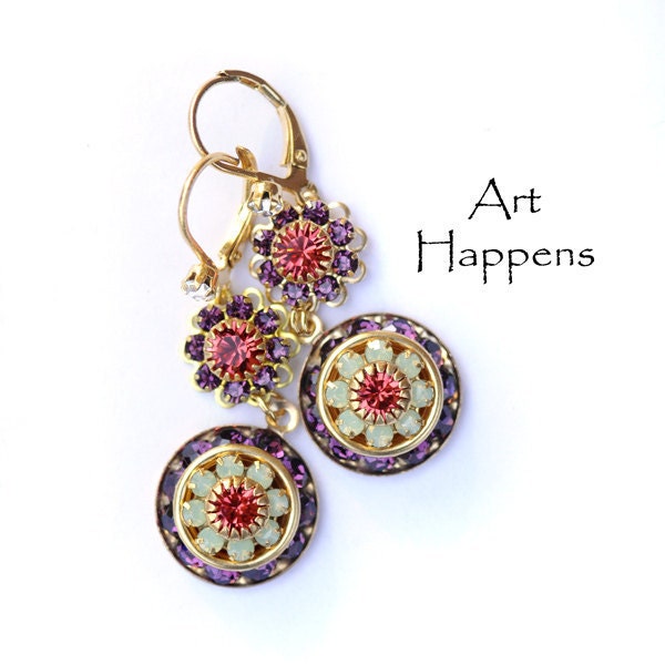 Colorful Crystal Earrings, Swarovski Crystal Earrings, Purple Green Red Earrings, Bridesmaid Earrings, "A Surprise, Gold"