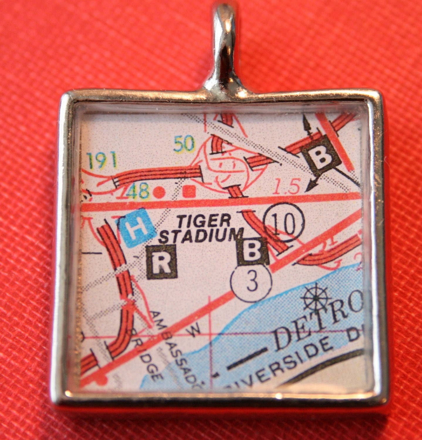 Tiger Stadium Map Pendant in Silver Detroit Michigan