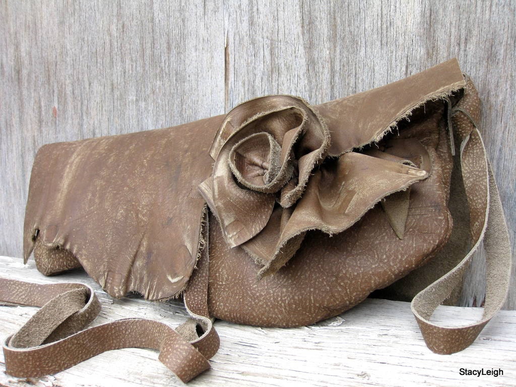 RESERVED for Sweetupgirl Distressed Olive Brown Leather Wrap Clutch with Natural Edge Rose by Stacy Leigh SALE