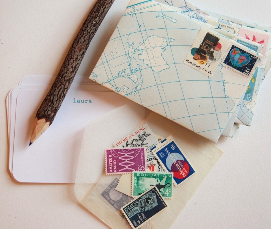 PERSONALIZED geography lesson letter set, set of 8 notecards with handmade envelopes and vintage postage