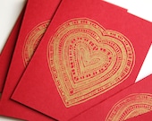 screenprinted mothers day card in cerise, golden heart on cherry red (set of 2)