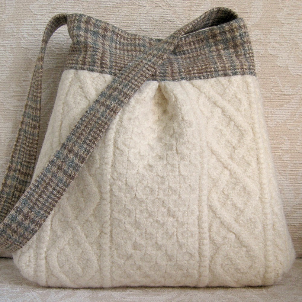 Ivory Cable Knit and Plaid BELLA Purse, Upcycled Wool Handbag