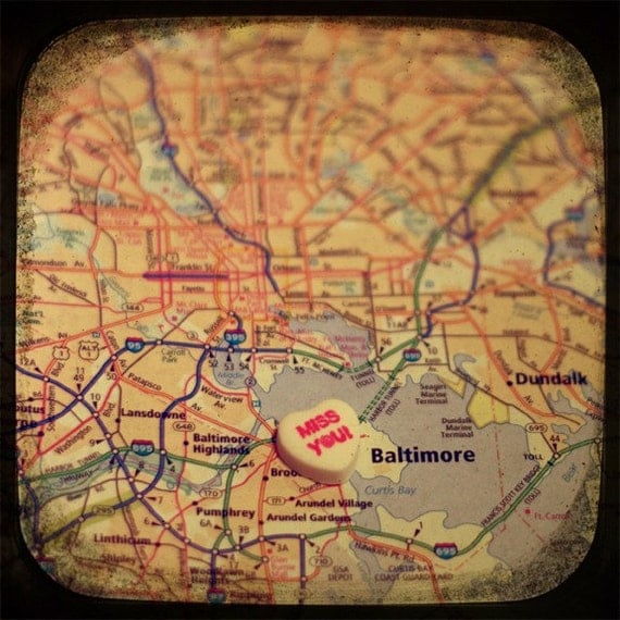 miss you baltimore custom candy heart map art 5x5 ttv photo print - free shipping