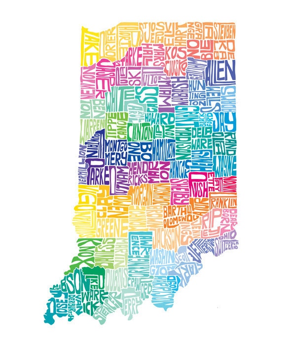 Indiana -  typography map art print 8x10 - customizable personalized state poster custom wall decor engagement wedding housewarming gift