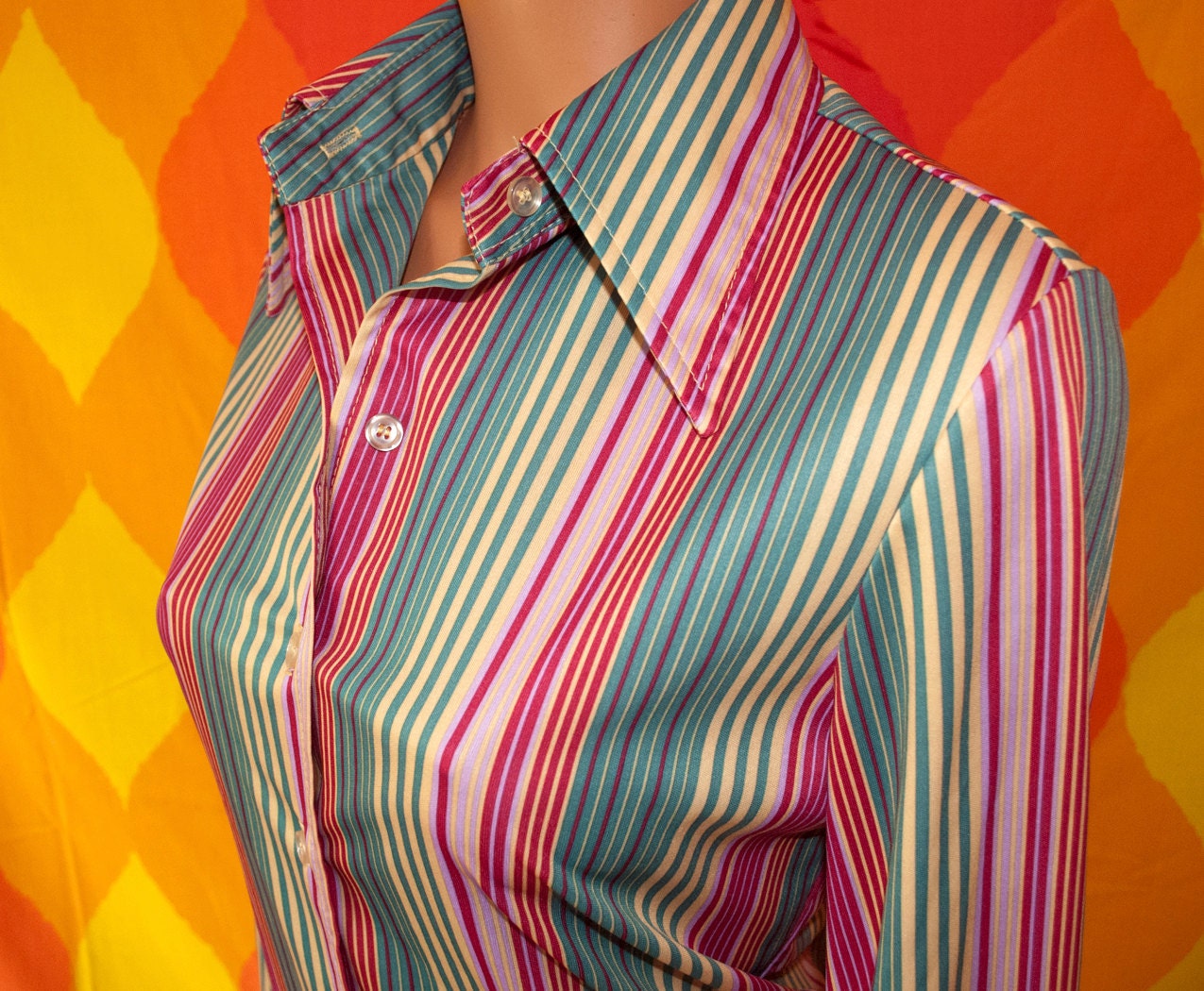 vintage 70s blouse disco slinky button down shirt stripe rainbow poly leisure Small Medium butterfly collar