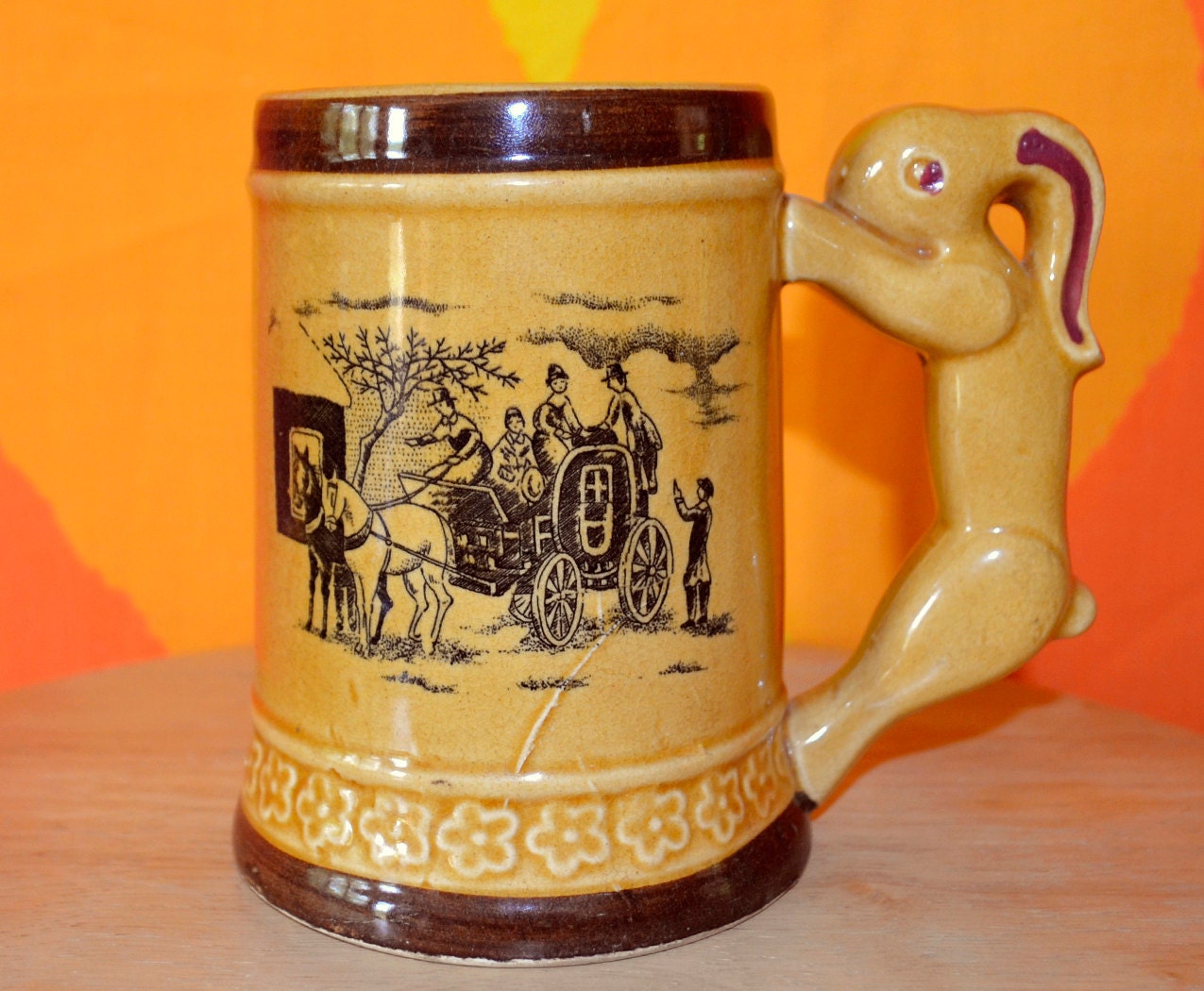 70s vintage mug stein ceramic RABBIT handle asian japan stage coach zodiac 80s