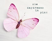 she daydreams in pink (white version with words)- 8x8 whimsical butterfly photo