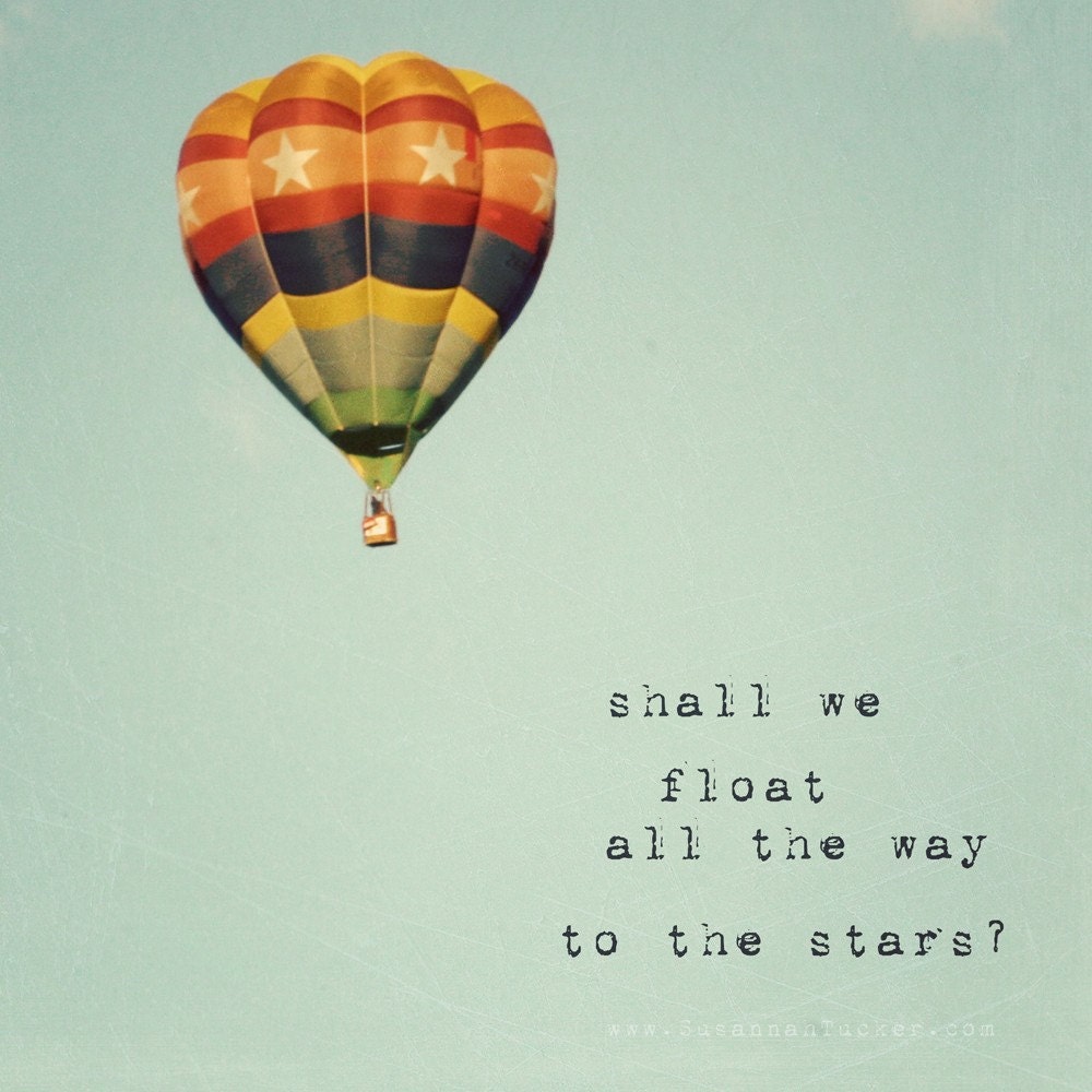 FREE SHIPPING shall we float all the way to the stars - 8x8" whimsical hot air balloon photo, nursery childs room decor, stripes, typography