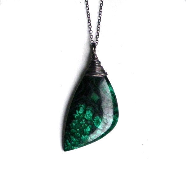 Flower leaf pattern Malachite pendant silver necklace. Woodland, forest green, floral, botanical, emerald stone, focal jewellery