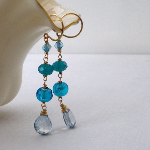 Blue sky briolette aqua Murano gold dangle earrings. Electric blue, opal, topaz, aquamarine goldfill earrings. Sea, ocean jewellery
