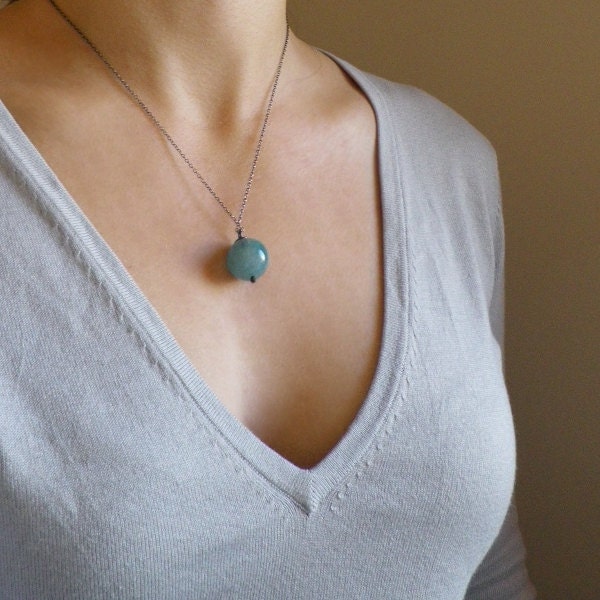 Huge Aquamarine silver chain necklace. Aqua blue gemstone wirewrapped pendant. Geometric round, black metal. March birthstone, sea jewellery