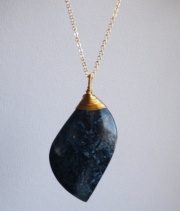 Indigo Pietersite pendant gold chain necklace. Navy ink blue leaf natural untreated statement stone. Midnight woodland, sea wave jewellery