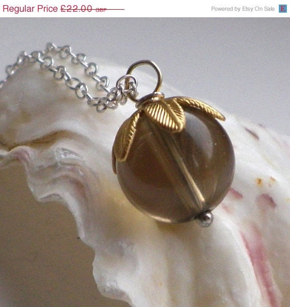 SALE Smoky Quartz Necklace Gemstone Flower Bud Bright Silver Chain. Floral Charm Jewelry