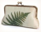 Green fern clutch bag, printed silk purse, bridal accessory, woodland wedding, bridesmaid gift, handmade by Red Ruby Rose