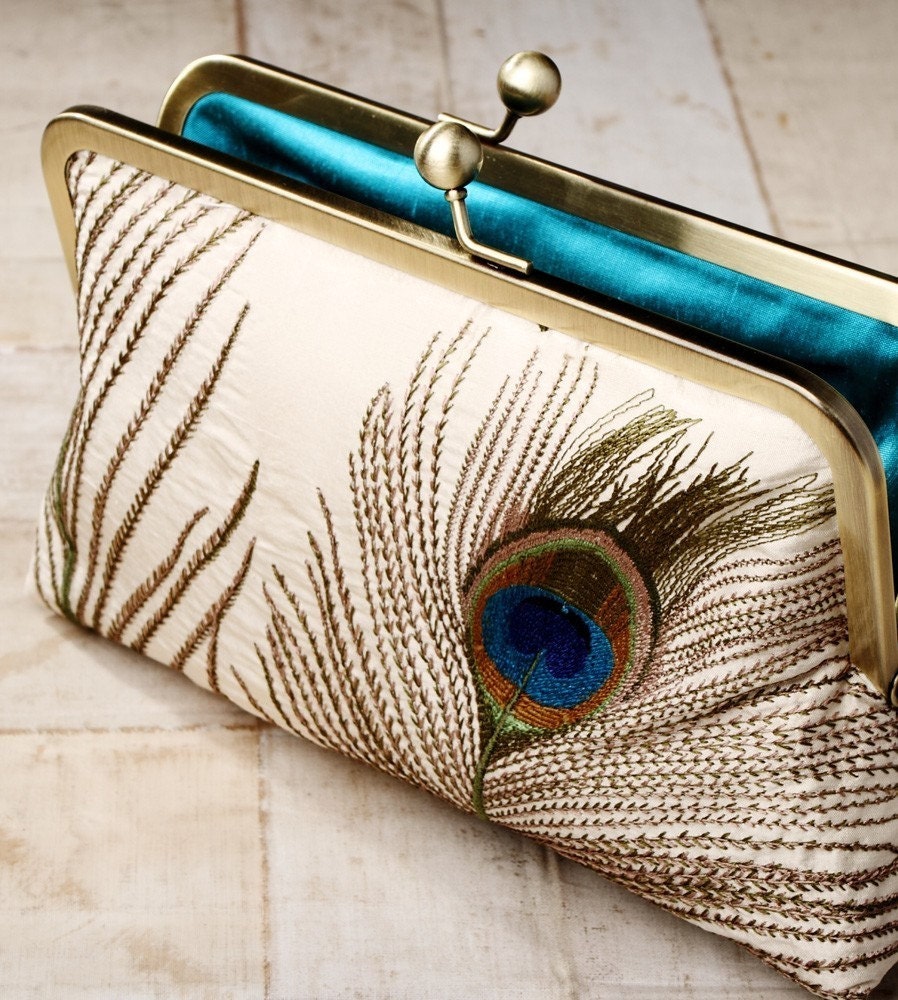 Silk peacock feathers - luxury clutch bag