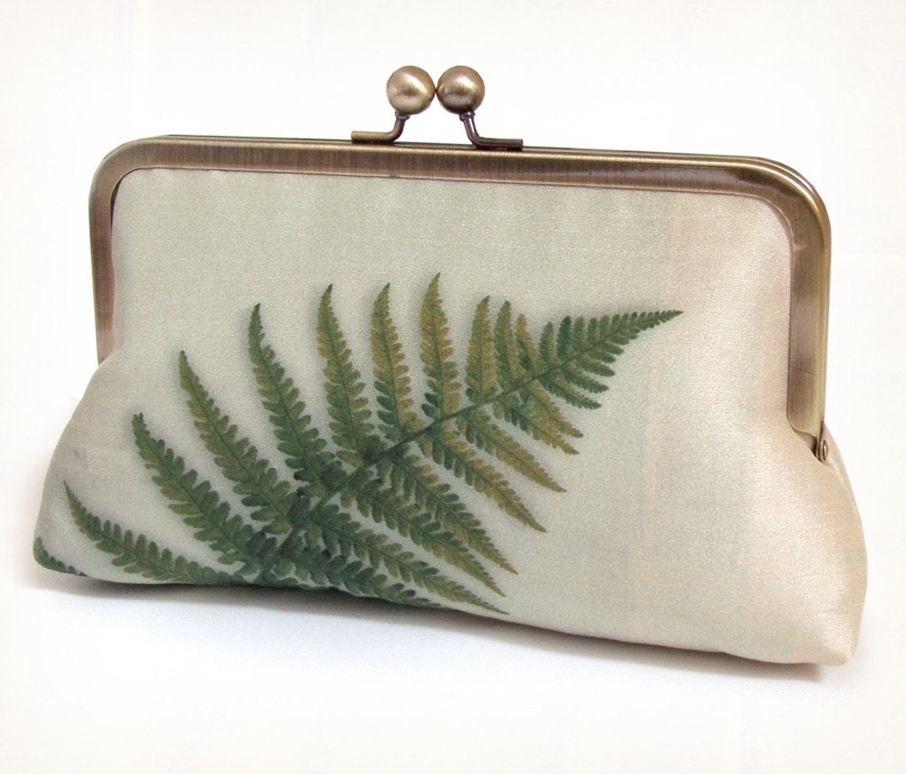 Green fern clutch bag, printed silk purse, bridal accessory, woodland wedding, bridesmaid gift, handmade by Red Ruby Rose
