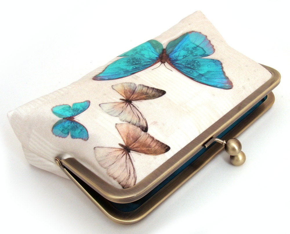 Clutch bag, butterflies silk purse, wedding accessory, bridesmaid gift, gift box