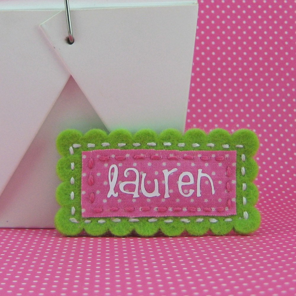 Lime Green Scalloped Name Clip with Fucshia Swiss Dot
