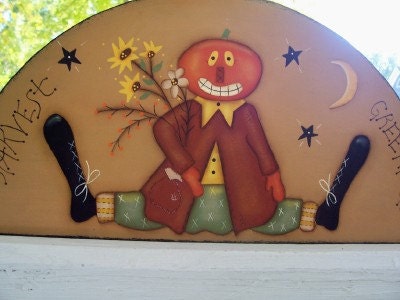 Fall Pumpkin Wood Door Crown Shelf Sitter Primitive Handpainted Art Home Decor