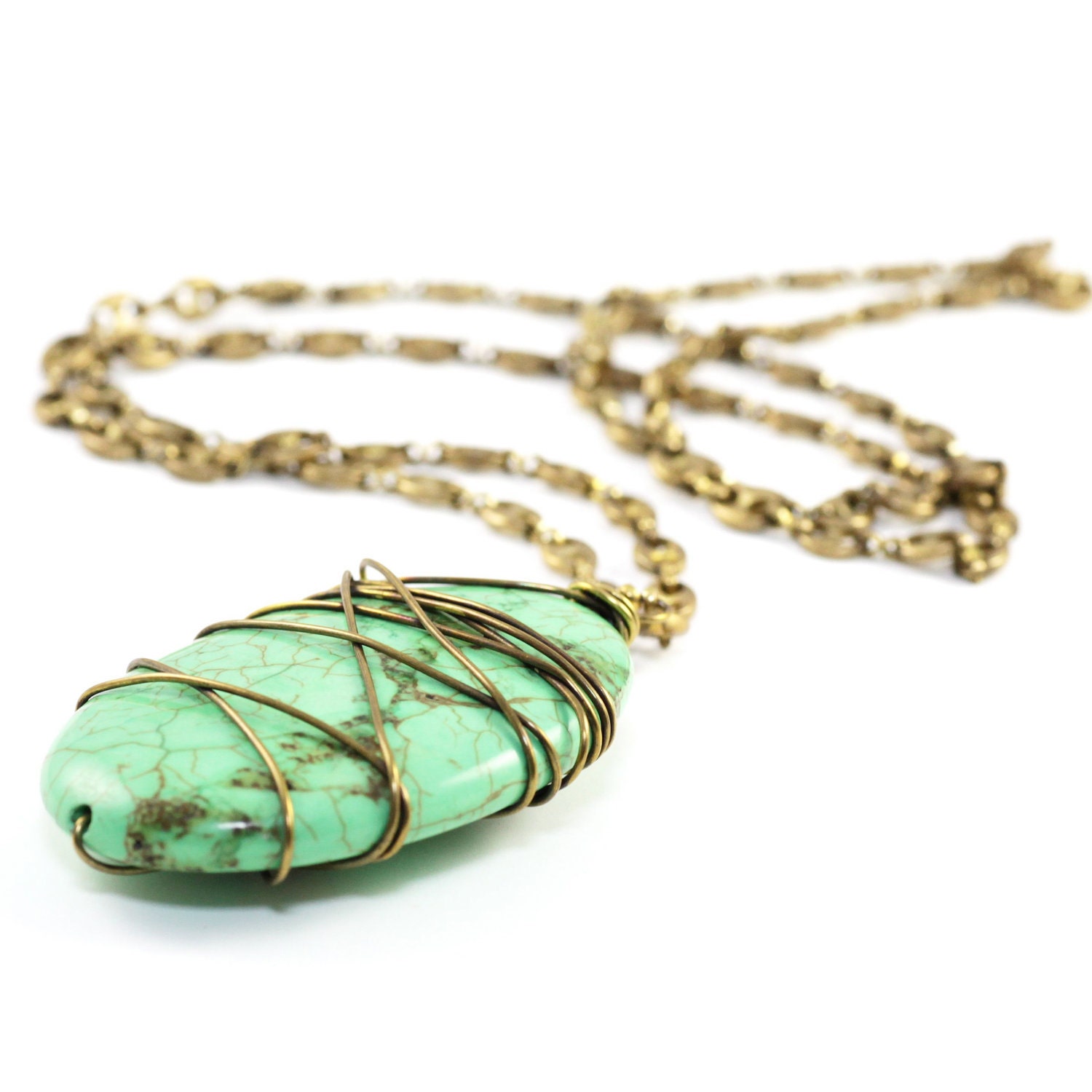 Long Antiqued Brass and Organic Vine Wrapped Green Turquoise Necklace