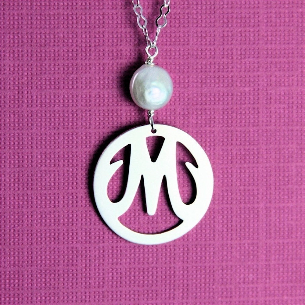 Custom Signature Initial Pendant with Freshwater Coin Pearl 