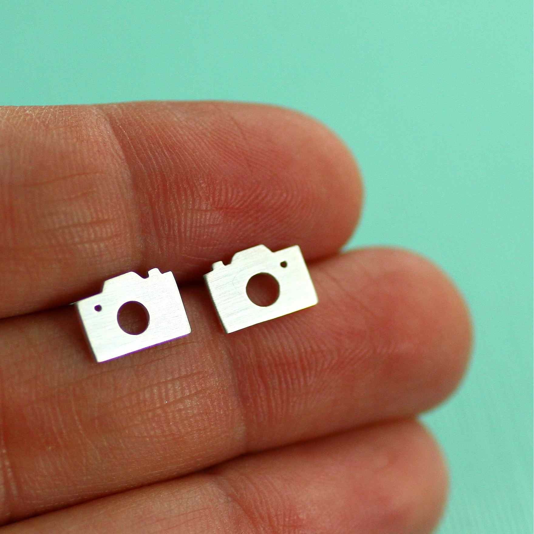 Camera Silhouette Stud Earrings in Silver